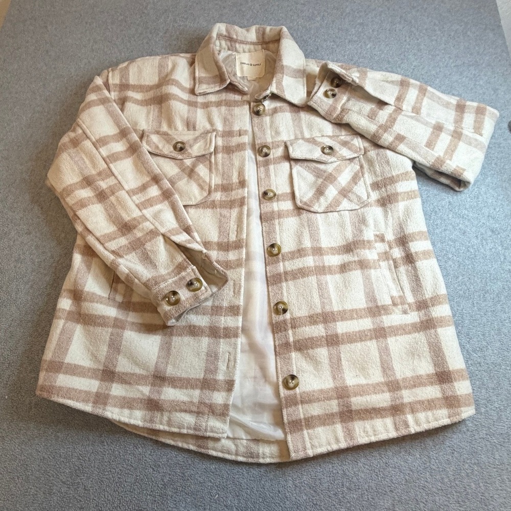 Thread & Supply Shirt Jacket XS Cream Tan Plaid Shacket Oversized XS